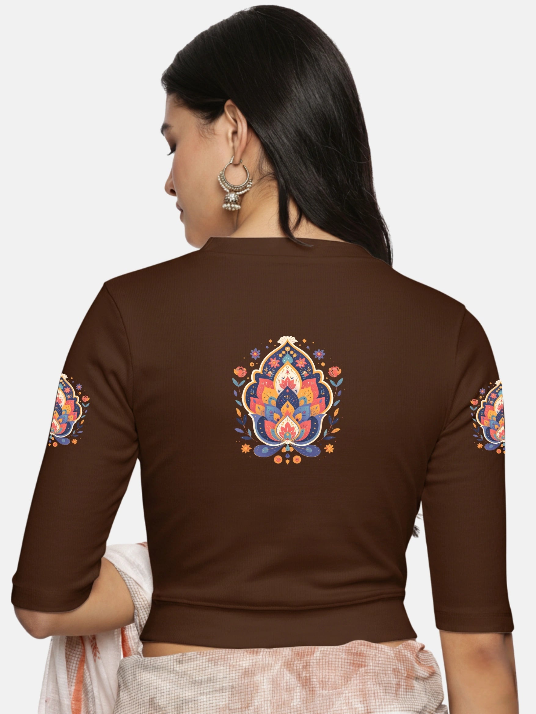 Women Back Printed Stretchable Elbow Sleeve RIB Blouse U0157 - notyetbyus