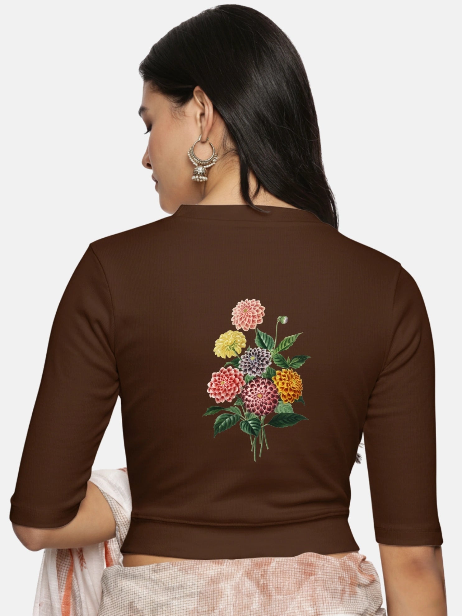 Women Back Printed Stretchable Elbow Sleeve RIB Blouse U0171 - notyetbyus