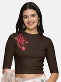 Women Back Printed Stretchable Elbow Sleeve RIB Blouse U0122 Coffee Brown