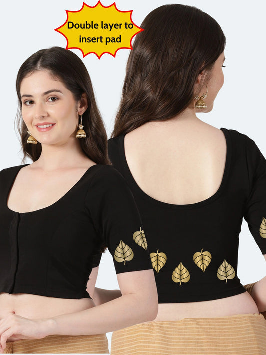 Women Front Open Back Gold Printed Stretchable Half Sleeve Blouse M0276 Black