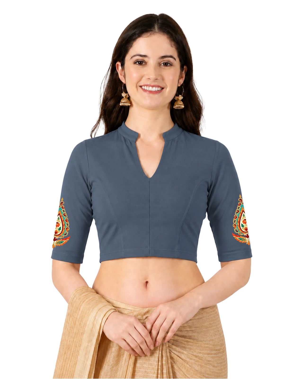 Women Mandarin Collar Back Printed Stretchable Elbow Sleeve Blouse U0279 Elephant Grey