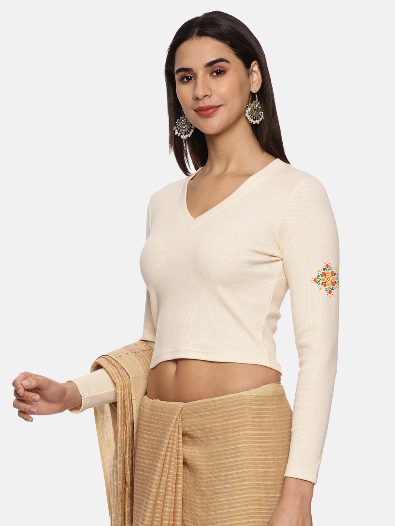 Women Back Printed Stretchable Full Sleeve V Neck RIB Blouse U0215 Cream