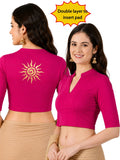 Women Mandarin Collar Back Gold Printed Stretchable Elbow Sleeve Blouse M0282 Rani Pink