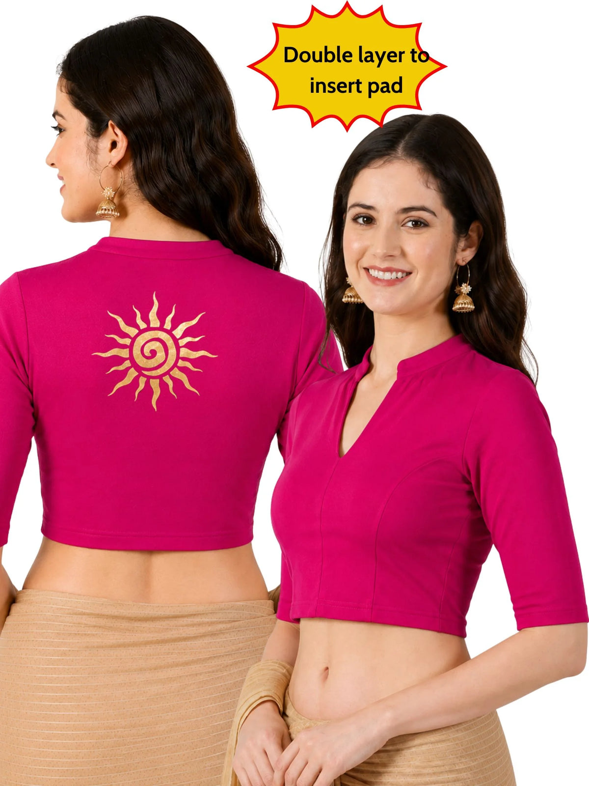 Women Mandarin Collar Back Gold Printed Stretchable Elbow Sleeve Blouse M0282 Rani Pink