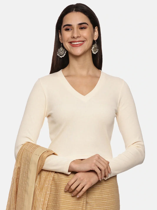 Women Plain Stretchable Full Sleeve V Neck RIB Blouse U0191 - notyetbyus