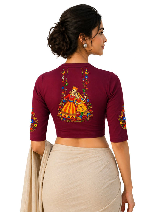 Women Mandarin Collar Back Printed Stretchable Elbow Sleeve Blouse U0267 Maroon