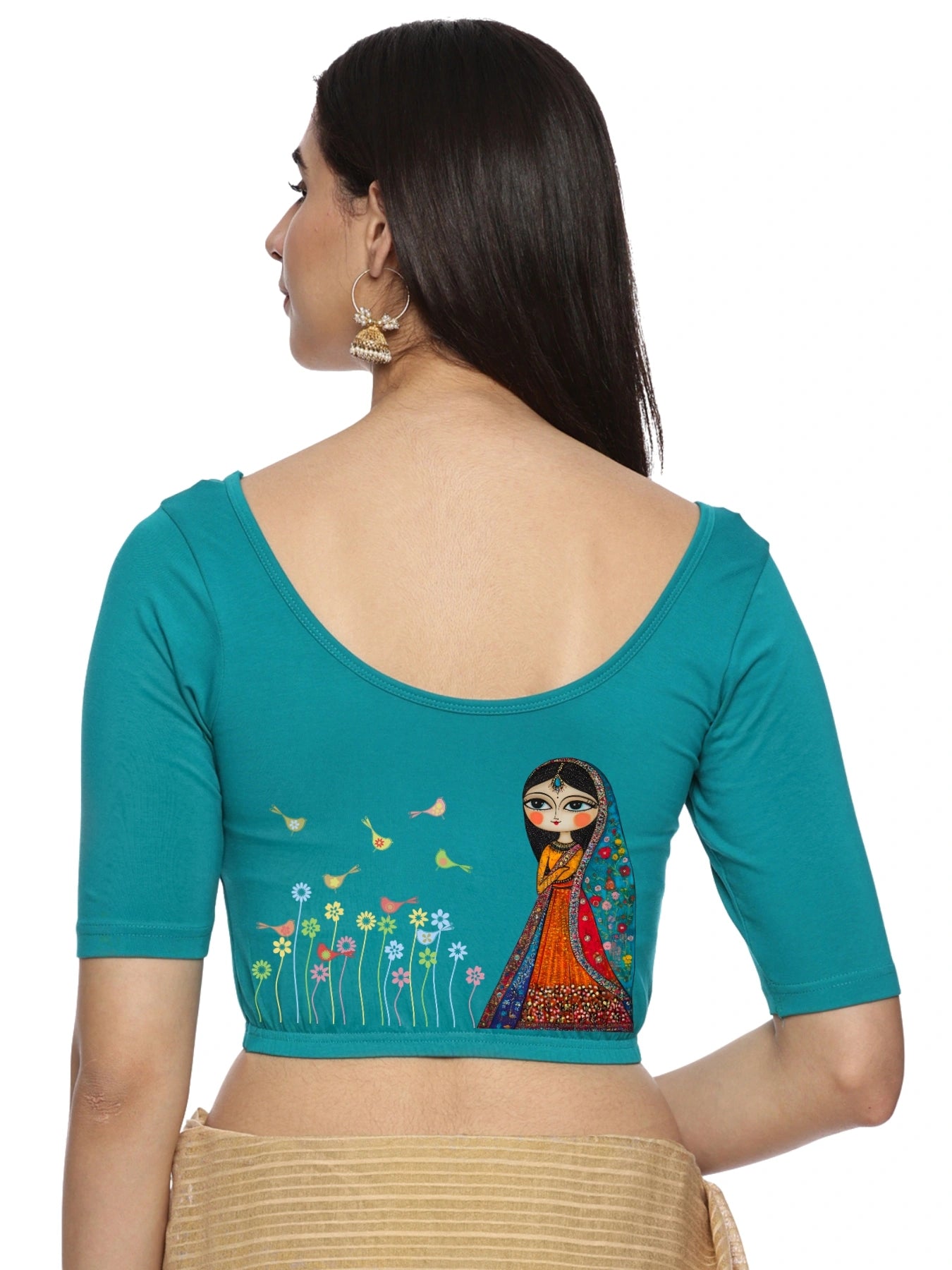 Women Back Printed Stretchable Half Sleeve Blouse U0223 Rama Green