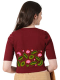 Women Stretchable Rib Square Neck Puff Sleeve Blouse Back Print U0258 Maroon