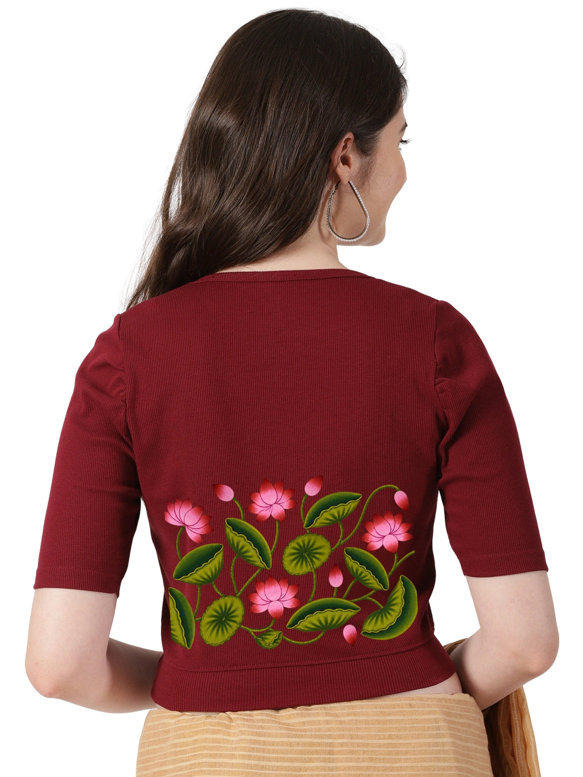 Women Stretchable Rib Square Neck Puff Sleeve Blouse Back Print U0258 Maroon