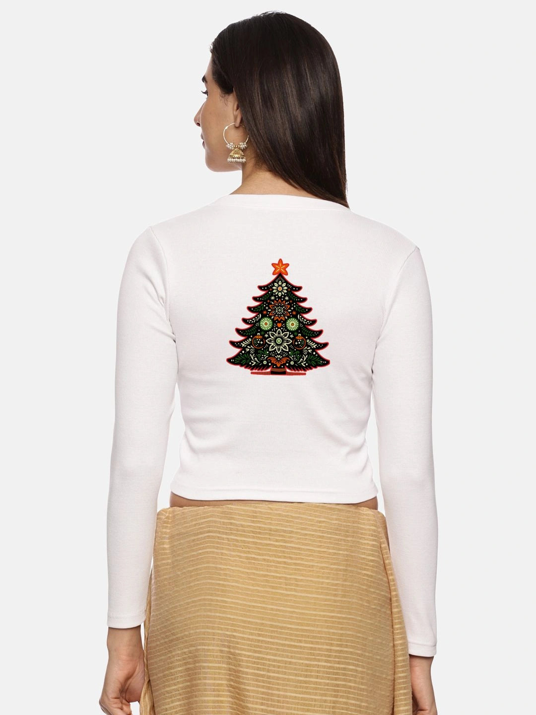 Women Back Printed Stretchable Full Sleeve V Neck RIB Blouse U0192