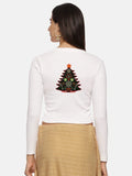 Women Back Printed Stretchable Full Sleeve V Neck RIB Blouse U0192 White