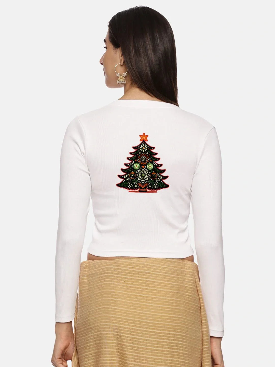 Women Back Printed Stretchable Full Sleeve V Neck RIB Blouse U0192 - notyetbyus