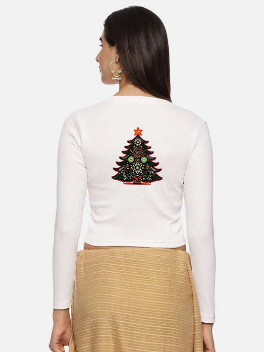 Women Back Printed Stretchable Full Sleeve V Neck RIB Blouse U0192 - notyetbyus