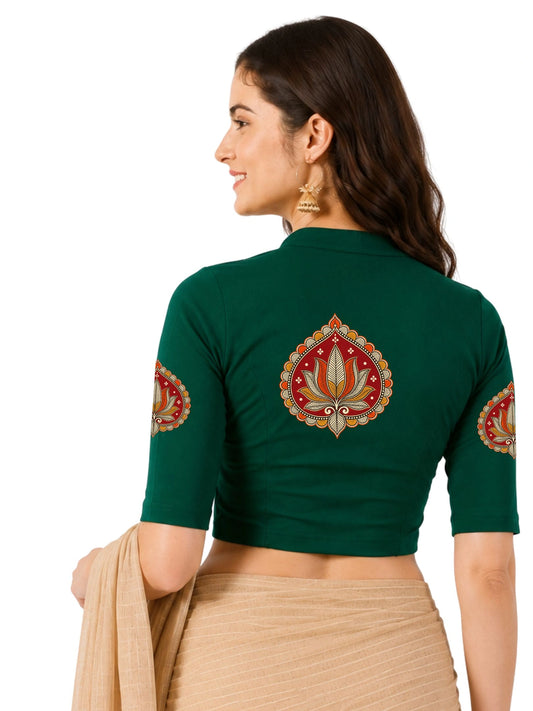 Women Mandarin Collar Back Printed Stretchable Elbow Sleeve Blouse U0269 Bottle Green