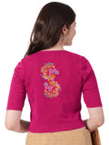 Women Stretchable Rib Square Neck Puff Sleeve Blouse Back Print U0257 Rani Pink