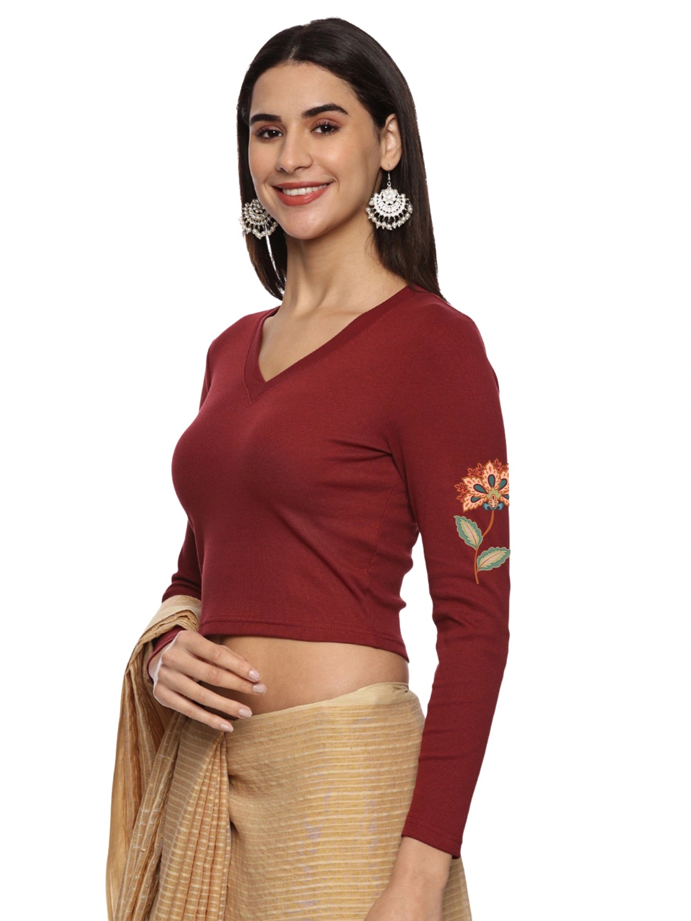 Women Back Printed Stretchable Full Sleeve V Neck RIB Blouse U0211 Maroon