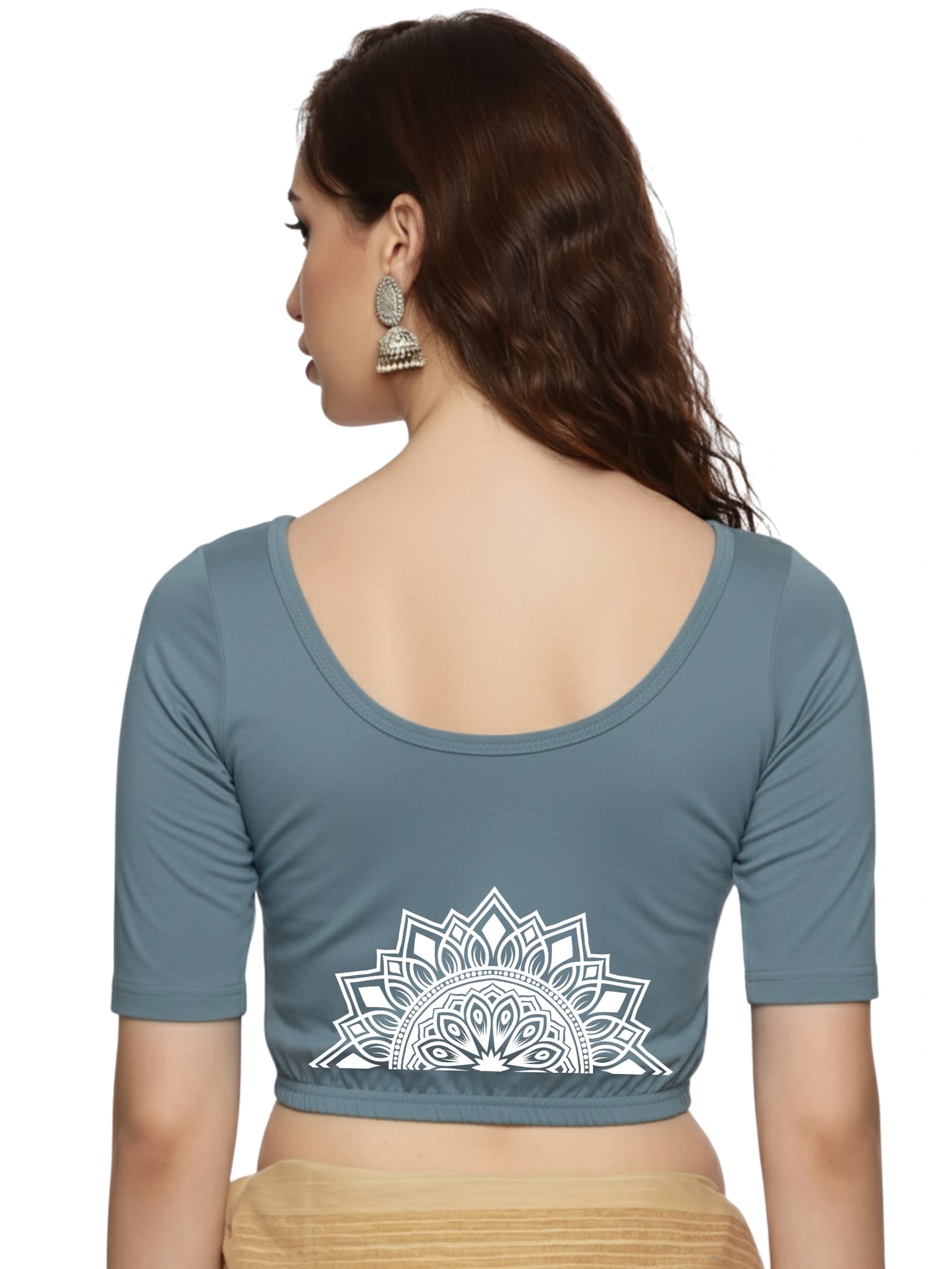Women Back Printed Stretchable Half Sleeve Blouse U022 Elephant Grey