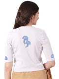 Women Stretchable Rib Square Neck Puff Sleeve Blouse Back Print U0246  White