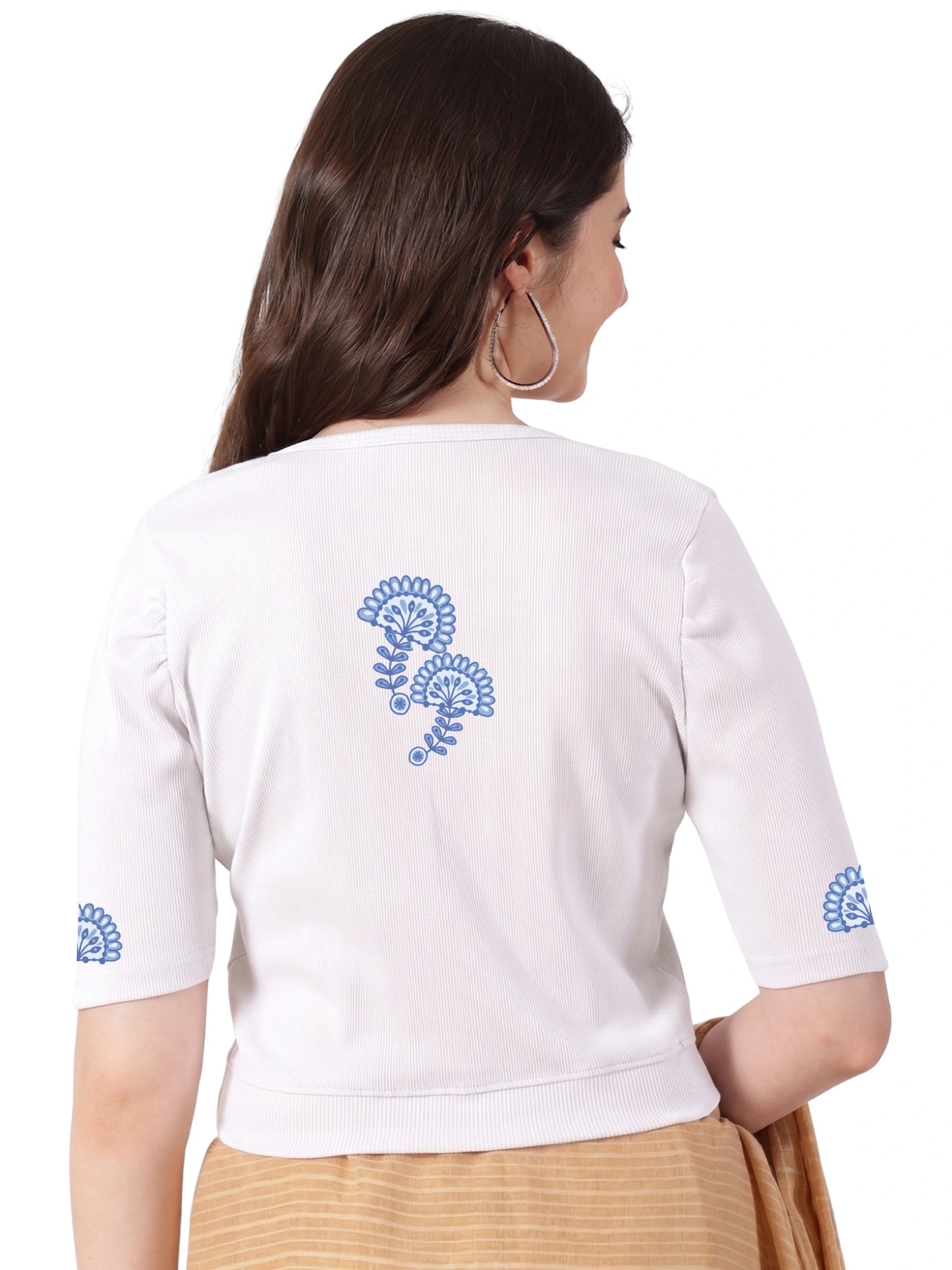 Women Stretchable Rib Square Neck Puff Sleeve Blouse Back Print U0246  White