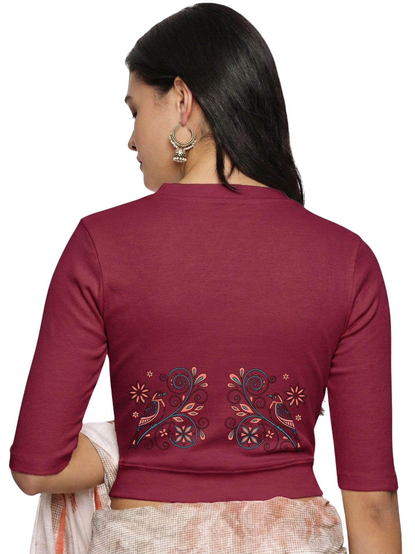 Women Back Printed Stretchable Elbow Sleeve RIB Blouse U0156 Wine Pink
