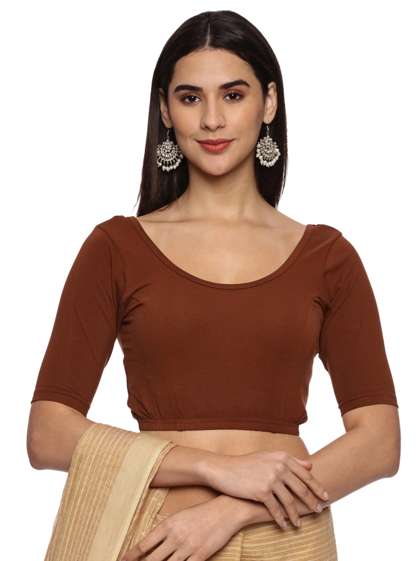 DIY Embroidery Kit with Women Stretchable Half Sleeve Blouse E06 – Honey Brown
