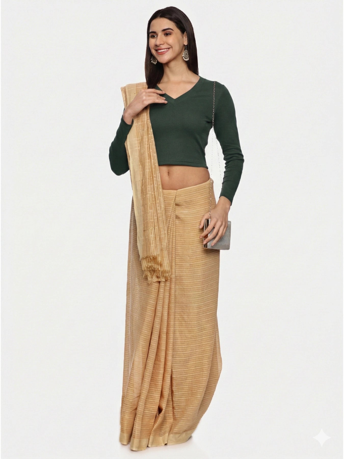 Women Plain Stretchable Full Sleeve V Neck RIB Blouse U0191 Khaki Green