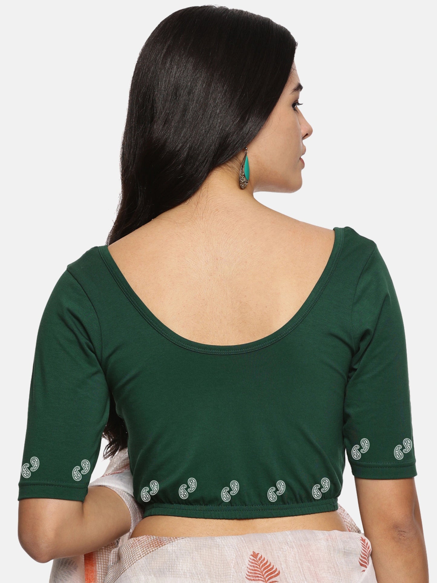 Women Back Printed Stretchable  Half Sleeve Blouse U089 Bottle Green