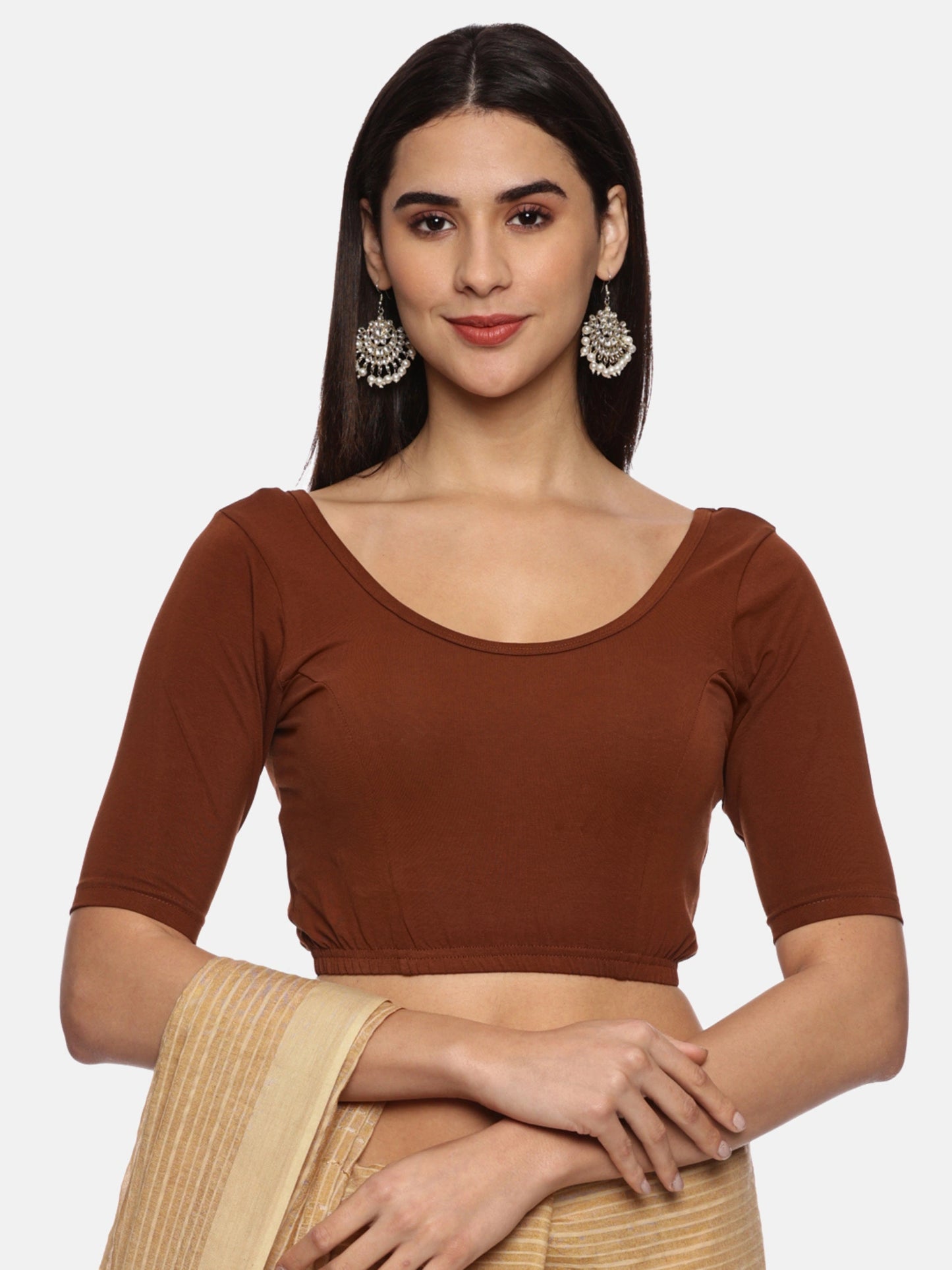 Women Back Printed Stretchable  Half Sleeve Blouse U0200 Honey Brown