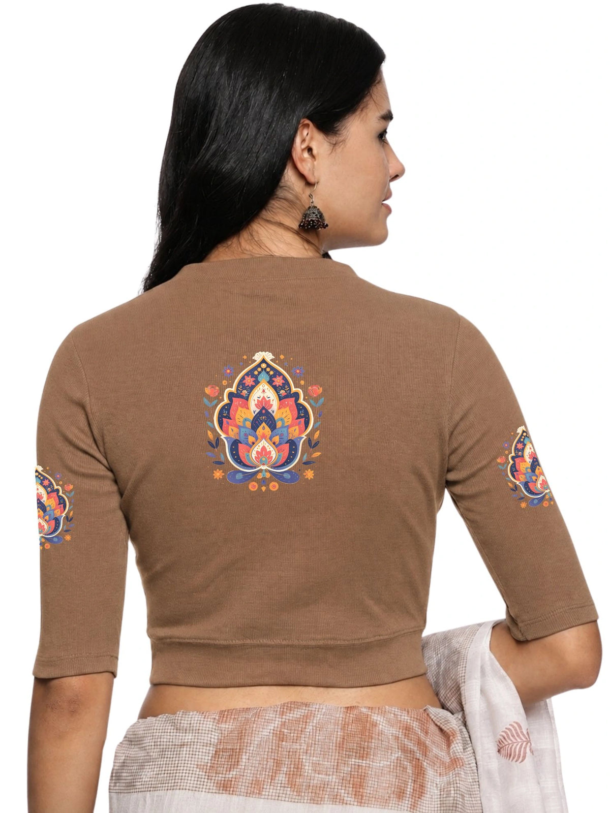 Women Back Printed Stretchable Elbow Sleeve RIB Blouse U0157 Biscuit