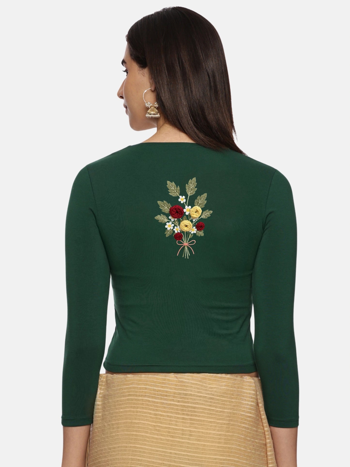 DIY Embroidery Kit with Women Stretchable Three Fourth Sleeve Blouse E010 – Bottle Green