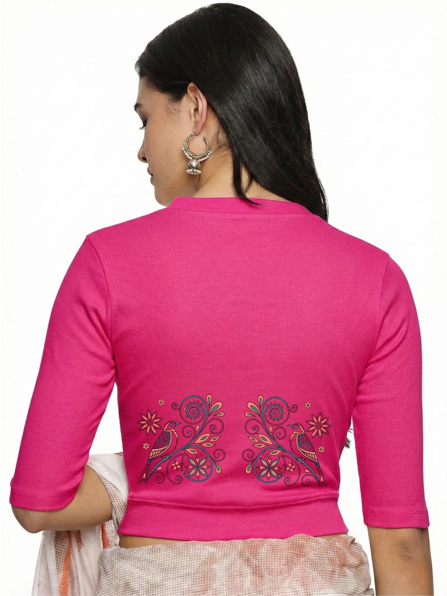 Women Back Printed Stretchable Elbow Sleeve RIB Blouse U0156 Rani Pink
