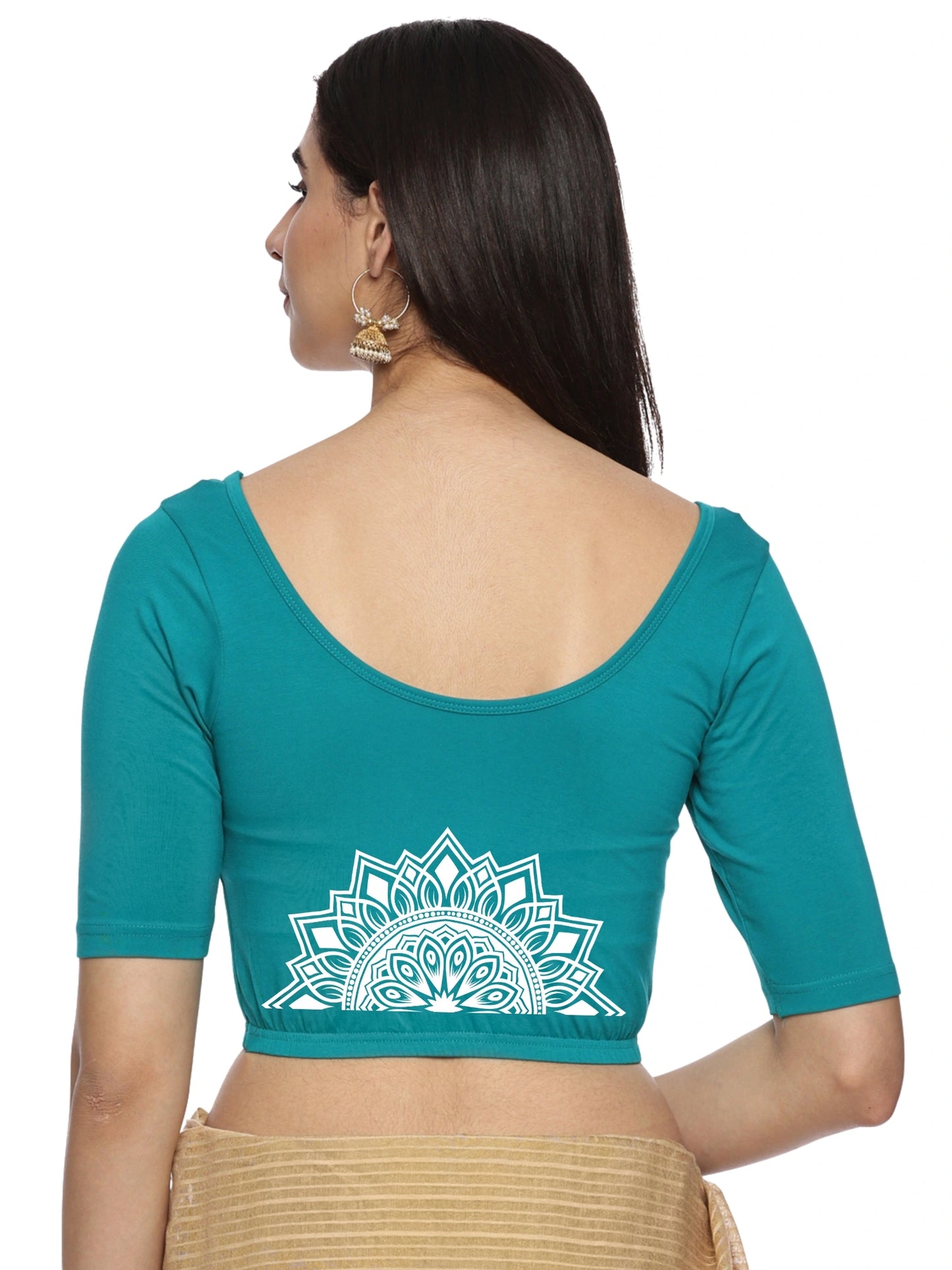 Women Back Printed Stretchable Half Sleeve Blouse U022 Rama Green