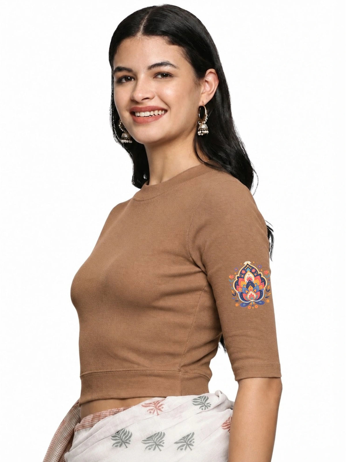 Women Back Printed Stretchable Elbow Sleeve RIB Blouse U0157 Biscuit
