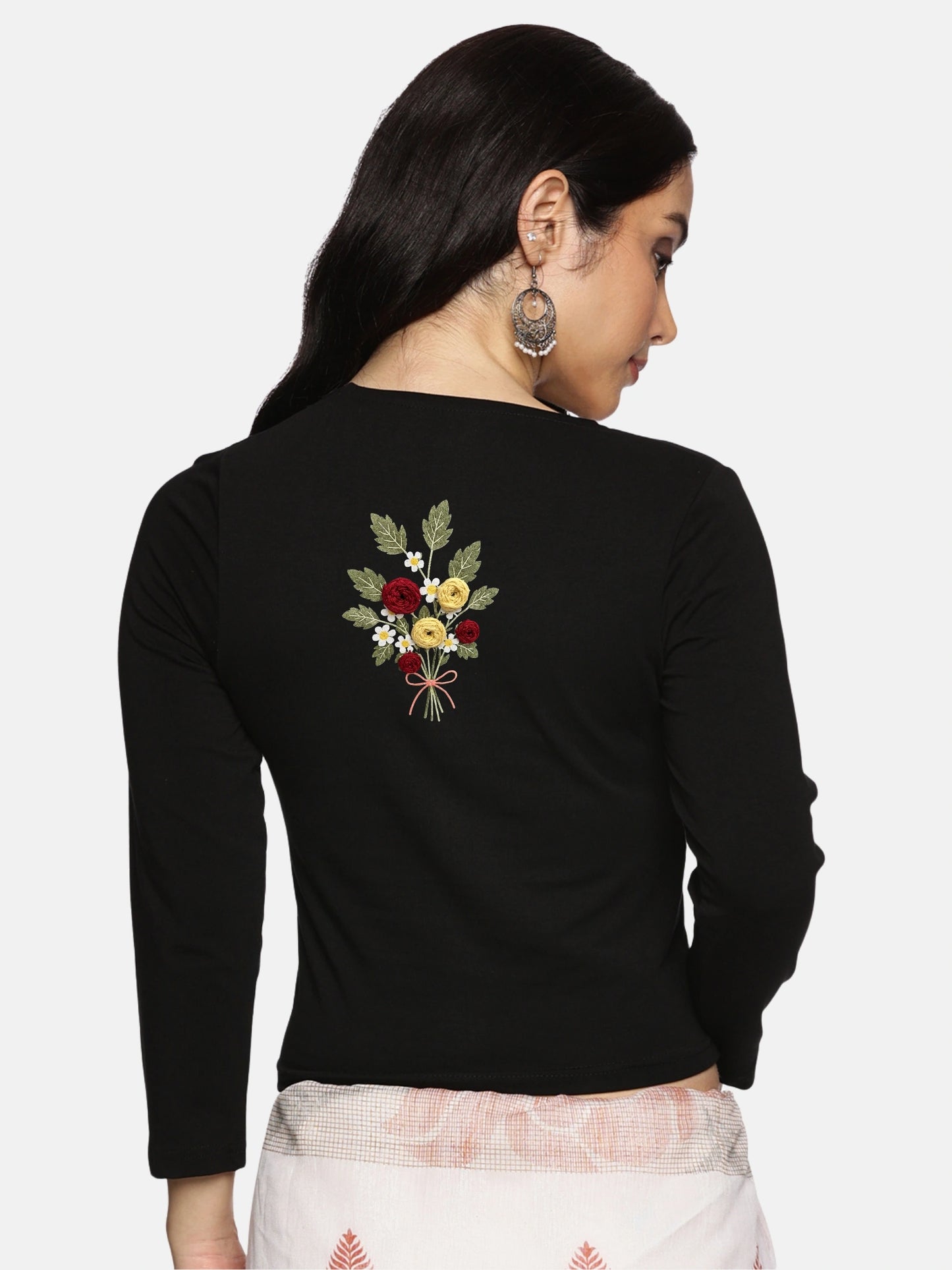 DIY Embroidery Kit with Women Stretchable Three Fourth Sleeve Blouse E010 – Black