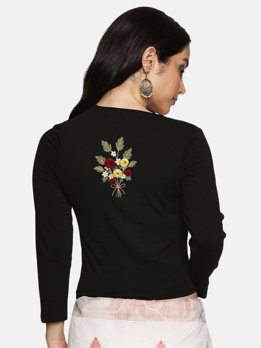 DIY Embroidery Kit with Women Stretchable Three Fourth Sleeve Blouse E010 – Black