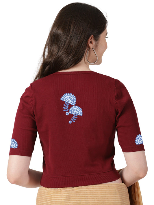 Women Stretchable Rib Square Neck Puff Sleeve Blouse Back Print U0246 Maroon