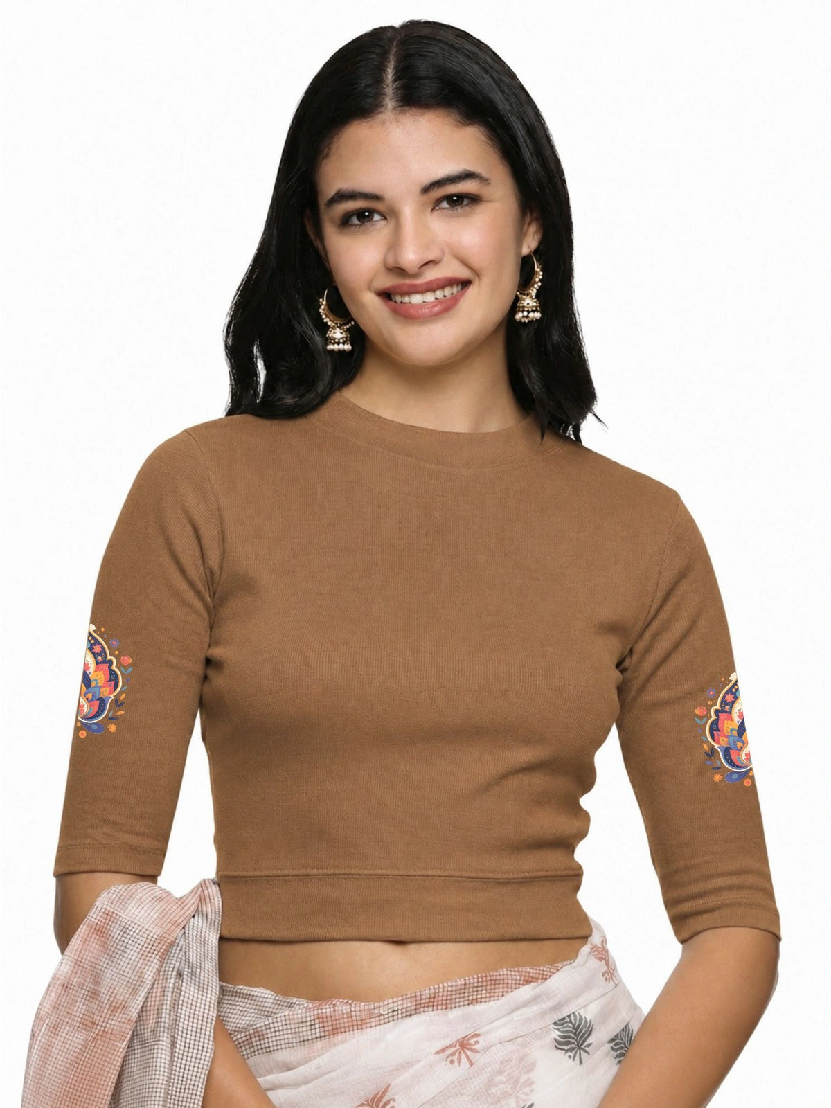Women Back Printed Stretchable Elbow Sleeve RIB Blouse U0157 Biscuit