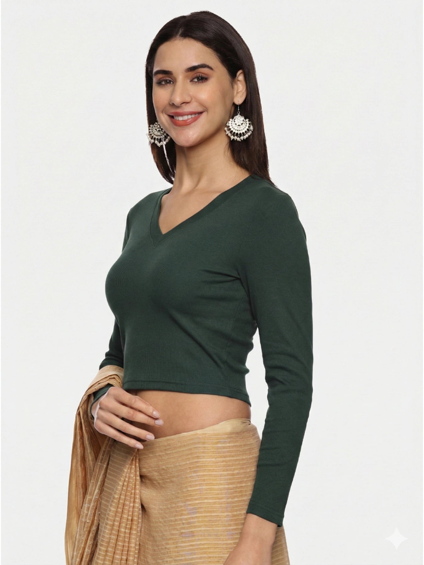 Women Back Printed Stretchable Full Sleeve V Neck RIB Blouse U0185 Khaki Green