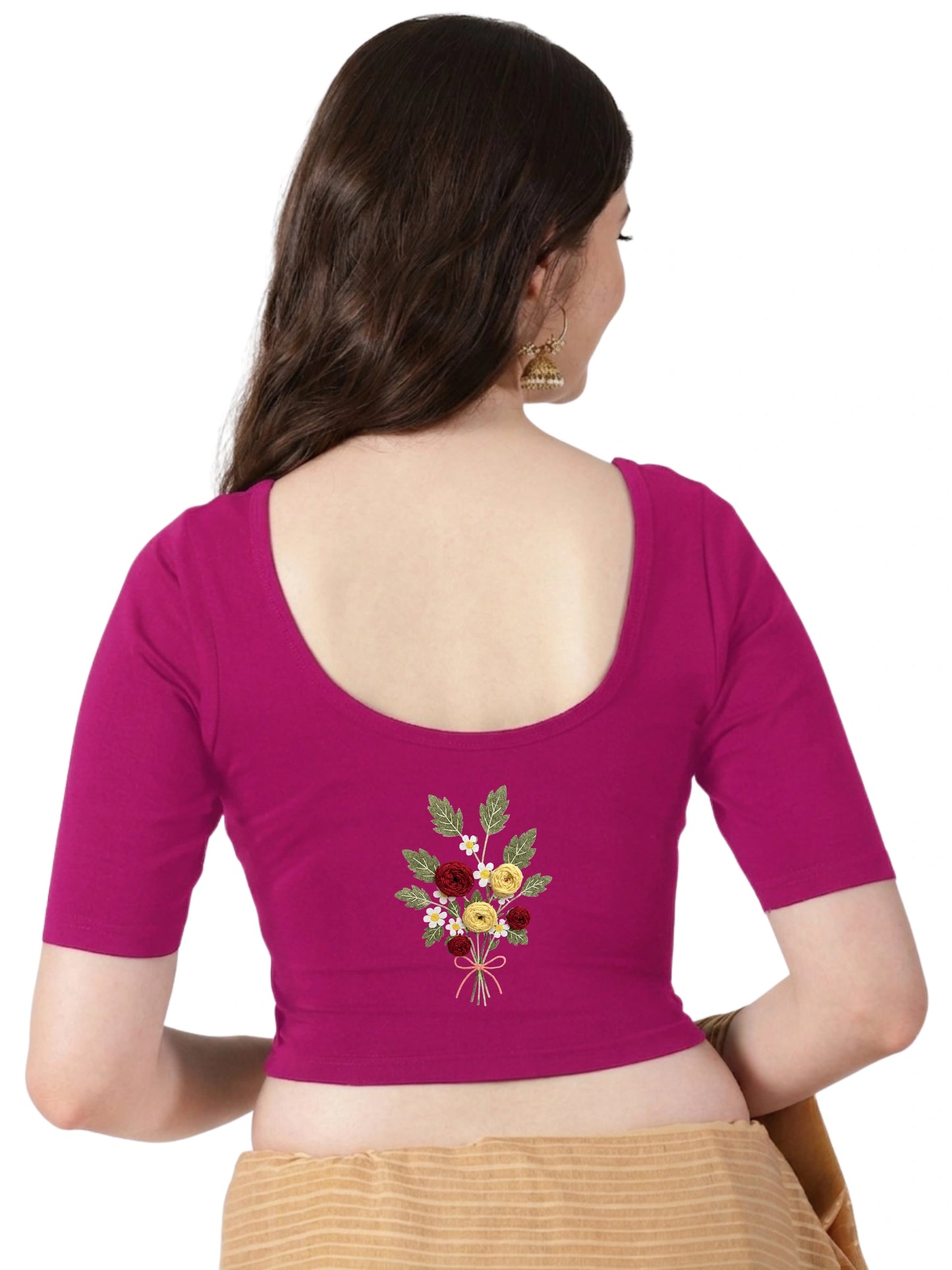 DIY Embroidery Kit with Women Front Open Stretchable Half Sleeve Blouse E010 – Rani Pink