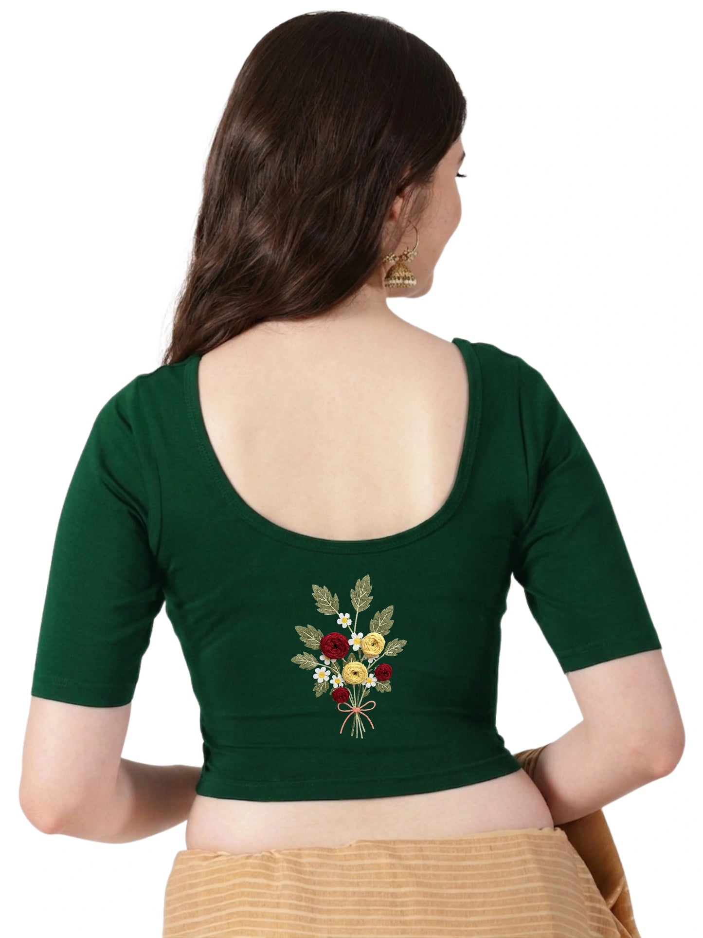 DIY Embroidery Kit with Women Front Open Stretchable Half Sleeve Blouse E010– Bottle Green