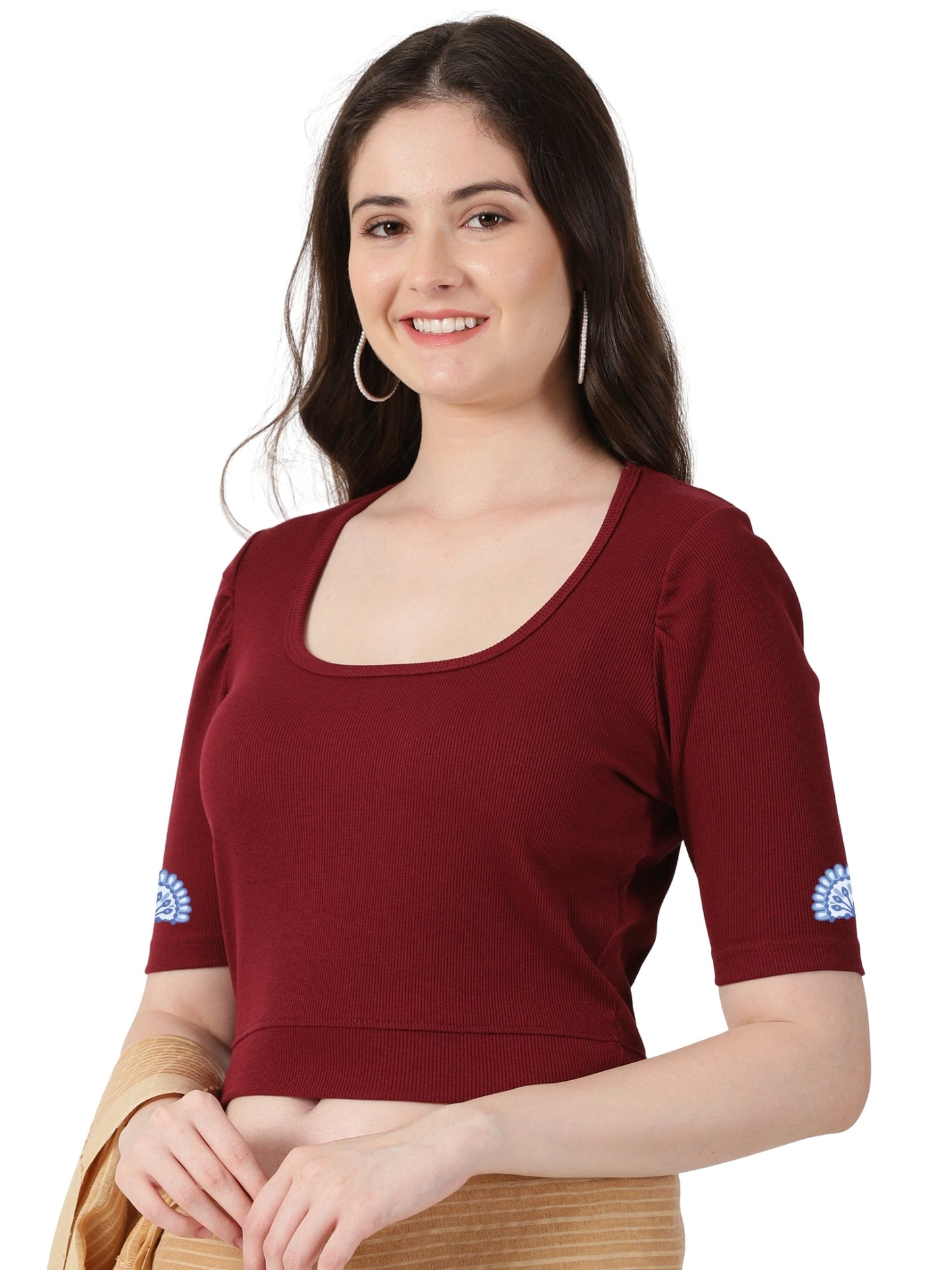 Women Stretchable Rib Square Neck Puff Sleeve Blouse Back Print U0246 Maroon