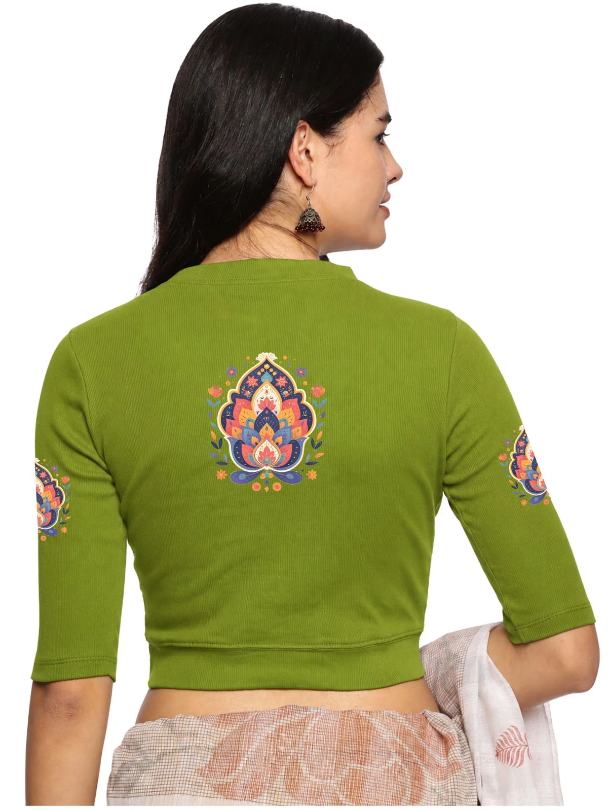 Women Back Printed Stretchable Elbow Sleeve RIB Blouse U0157 Dark Parrot Green