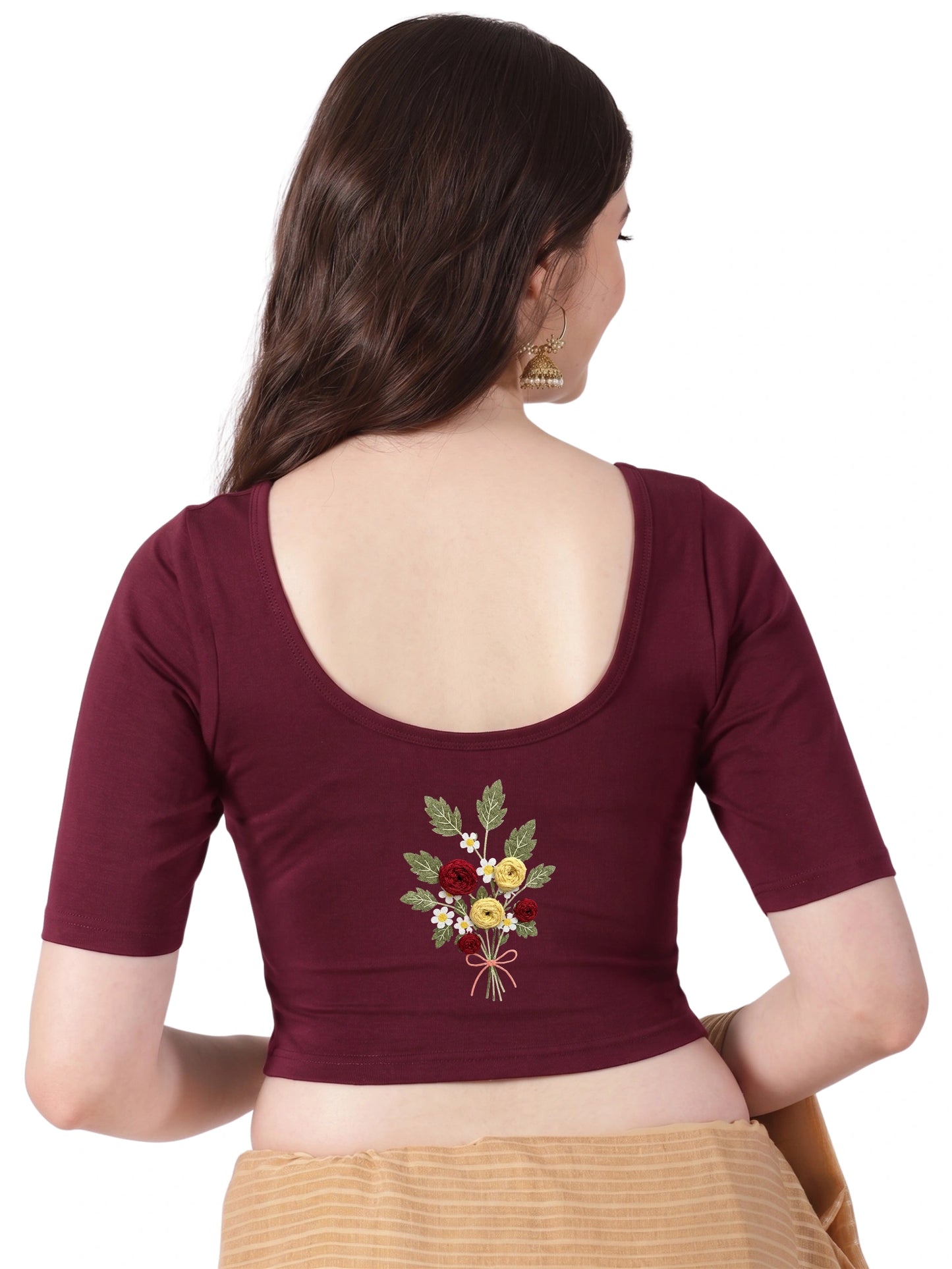 DIY Embroidery Kit with Women Front Open Stretchable Half Sleeve Blouse E010 – Maroon