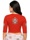 Women Back Printed Stretchable Elbow Sleeve RIB Blouse U0157 Dark Orange