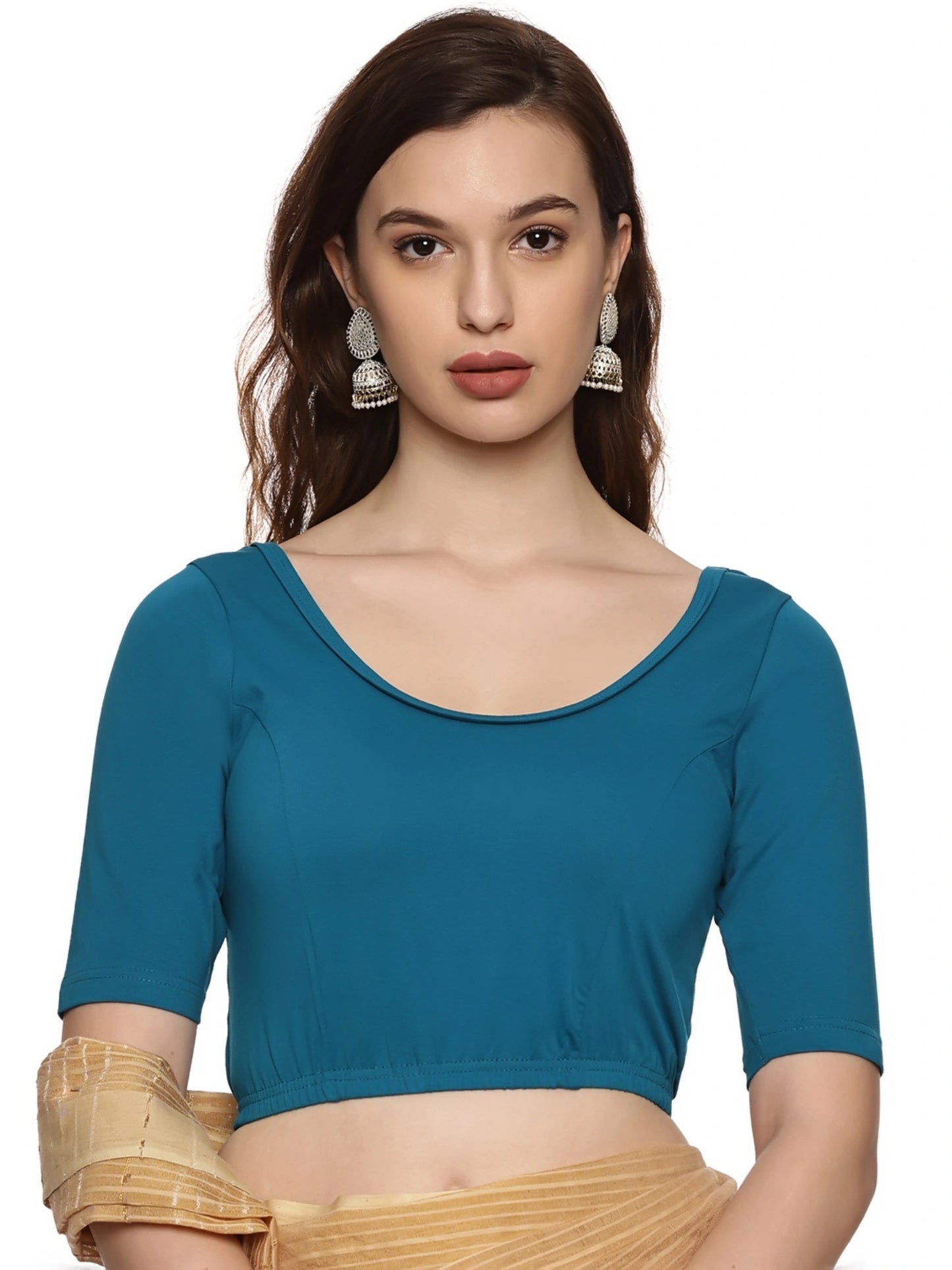 Women Back Printed Stretchable  Half Sleeve Blouse U021 peacock