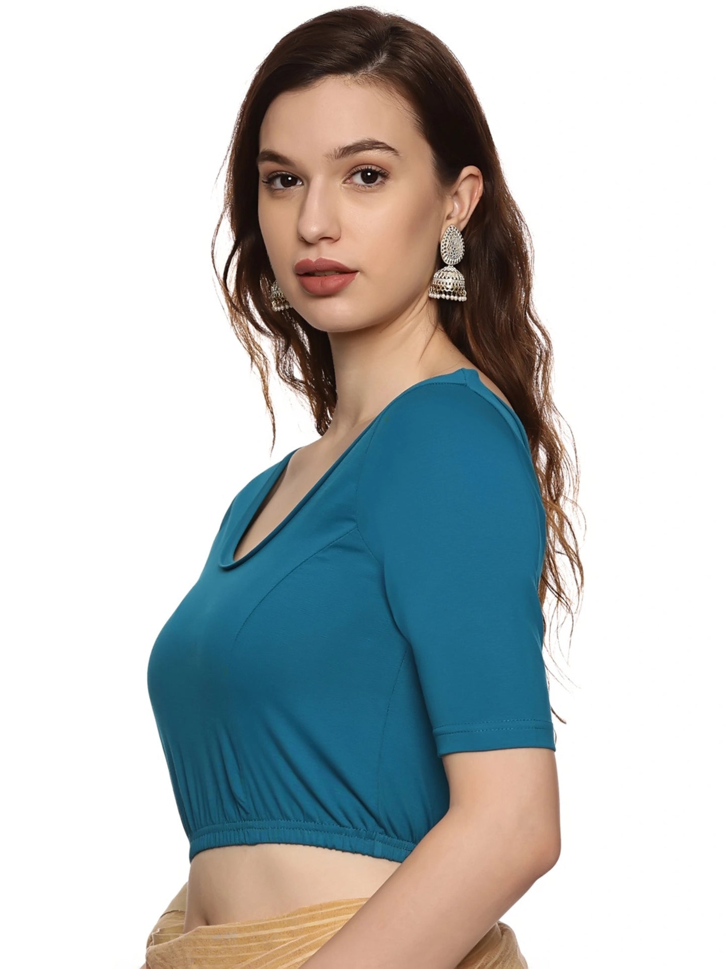 Women Plain Stretchable Half Sleeve  Blouse U01A peacock