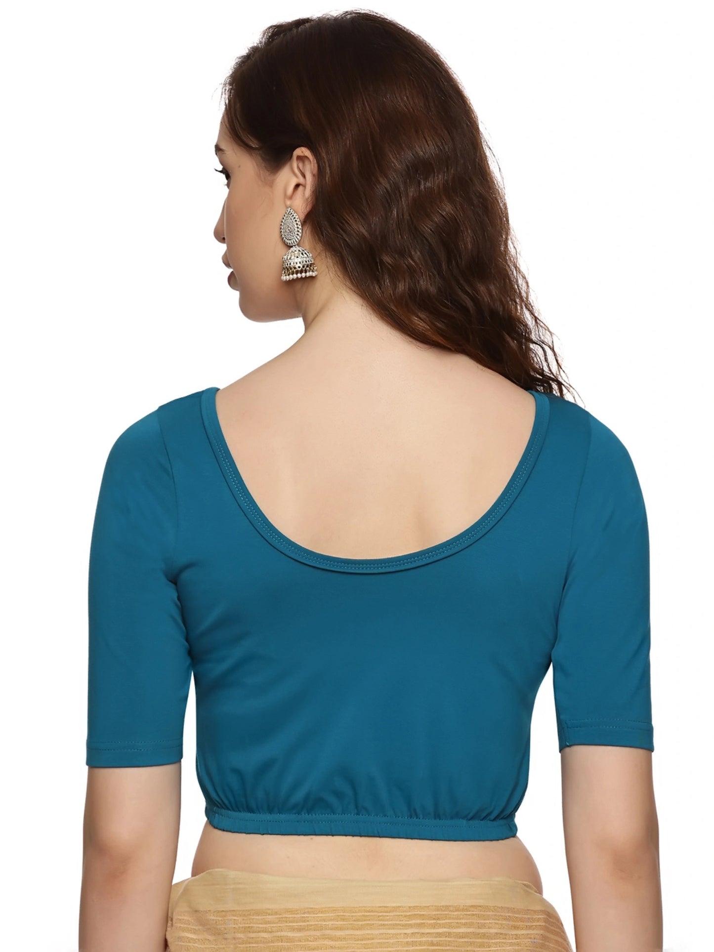 Women Plain Stretchable Half Sleeve  Blouse U01A peacock