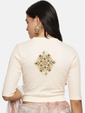 Women Back Printed Stretchable Elbow Sleeve RIB Blouse U0167 Cream