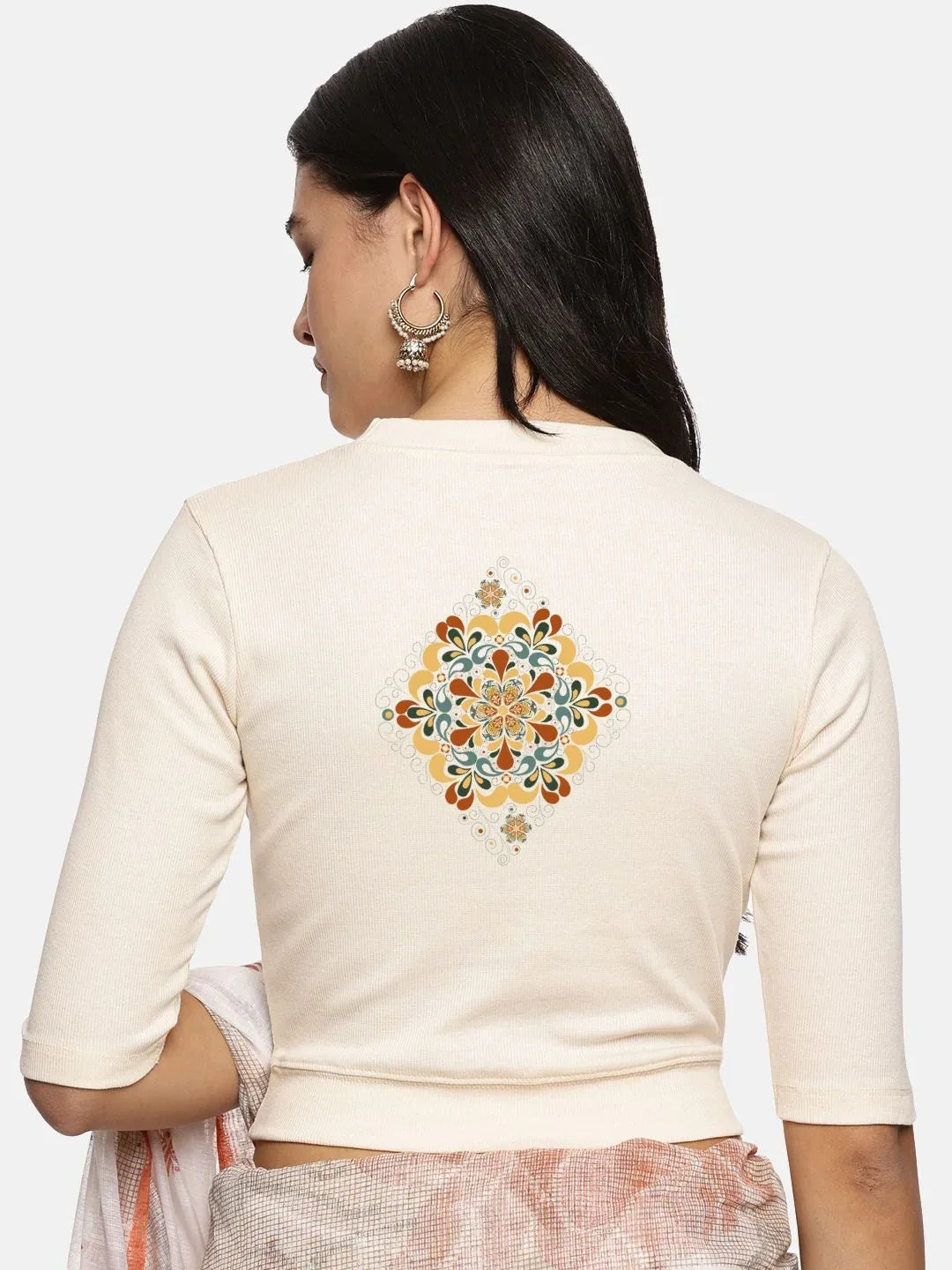 Women Back Printed Stretchable Elbow Sleeve RIB Blouse U0167 - notyetbyus