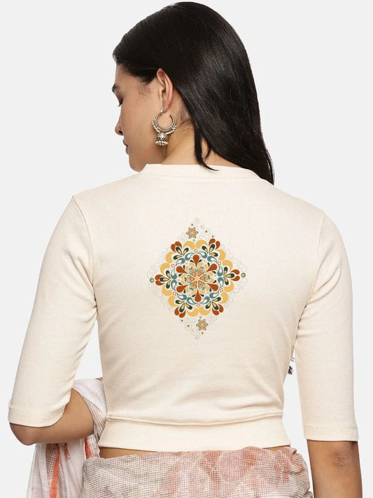 Women Back Printed Stretchable Elbow Sleeve RIB Blouse U0167 - notyetbyus